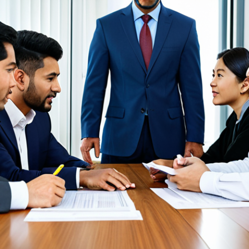 Home 11 A diverse group of professional business executives, including individuals of Middle Eastern and East Asian appearance, fully clothed in modest business suits and appropriate attire, engaged in a respectful negotiation in a sophisticated, well-lit modern conference room. They are seated at a large, polished table, reviewing documents and interacting cordially, emphasizing cross-cultural understanding and the building of long-term trust. The atmosphere is collaborative and professional. perfect anatomy, correct proportions, natural pose, well-formed hands, proper finger count, natural body proportions, professional photography, high resolution, detailed, studio lighting, safe for work, appropriate content, fully clothed, professional.