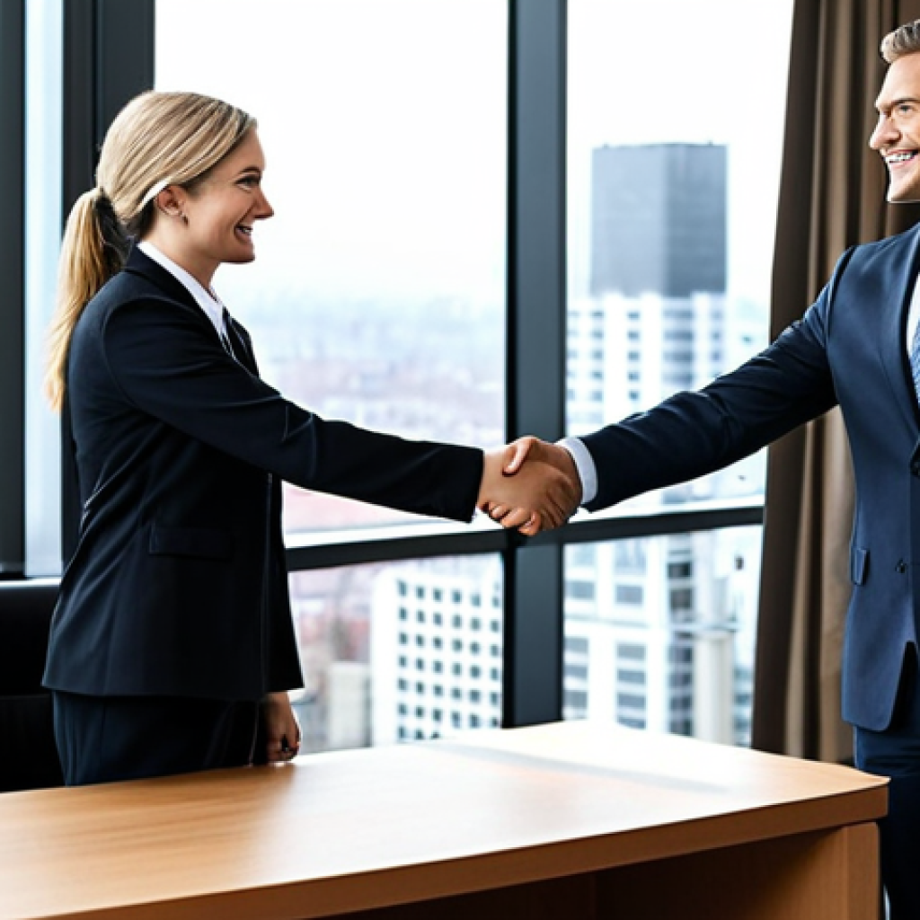 **

A confident professional in a modern office setting, shaking hands with a hiring manager across a desk. The atmosphere is positive and collaborative. Behind them, a cityscape can be subtly seen through a window. The person is fully clothed in a business suit, appropriate attire. Focus on conveying professionalism and respect. Safe for work. Perfect anatomy, correct proportions, well-formed hands, natural pose. Professional, modest, family-friendly.

**