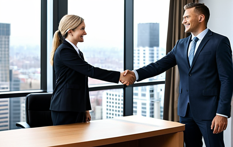 **

A confident professional in a modern office setting, shaking hands with a hiring manager across a desk. The atmosphere is positive and collaborative. Behind them, a cityscape can be subtly seen through a window. The person is fully clothed in a business suit, appropriate attire. Focus on conveying professionalism and respect. Safe for work. Perfect anatomy, correct proportions, well-formed hands, natural pose. Professional, modest, family-friendly.

**