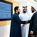 글로벌 비즈니스 실무 중점 사항 - A professional business meeting scene in a modern Middle Eastern office setting, featuring diverse A...