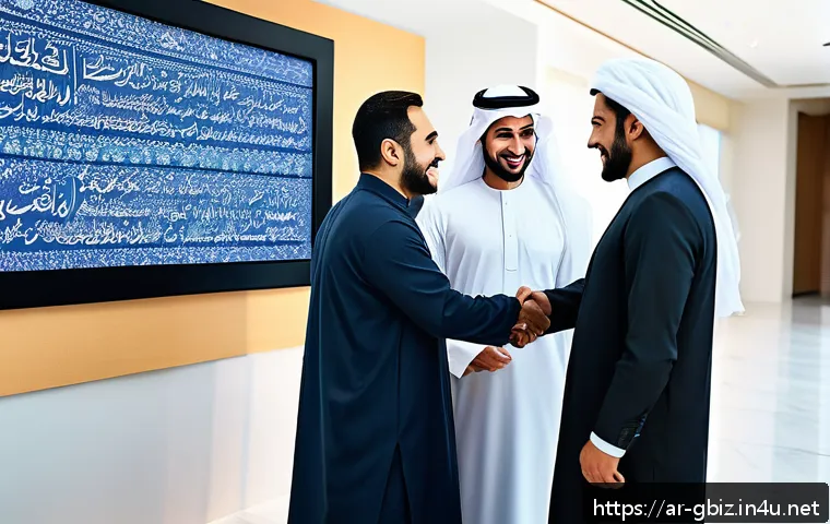 글로벌 비즈니스 실무 중점 사항 - A professional business meeting scene in a modern Middle Eastern office setting, featuring diverse A...