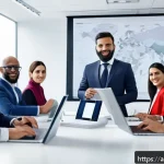 글로벌 비즈니스 커리어 발전 전략 - A diverse international business team engaged in a virtual meeting using digital communication tools...