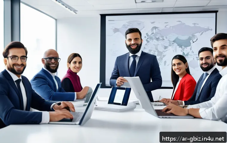 글로벌 비즈니스 커리어 발전 전략 - A diverse international business team engaged in a virtual meeting using digital communication tools...