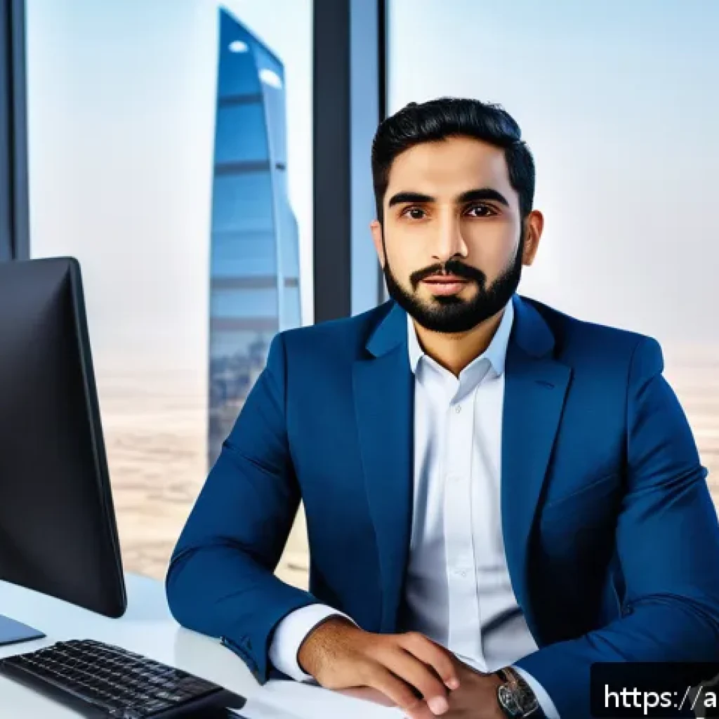 글로벌 비즈니스 자격증 취득 후 실무 대처법 - A professional Middle Eastern man in modern business attire sitting confidently at a sleek office de...