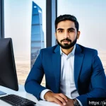 글로벌 비즈니스 자격증 취득 후 실무 대처법 - A professional Middle Eastern man in modern business attire sitting confidently at a sleek office de...
