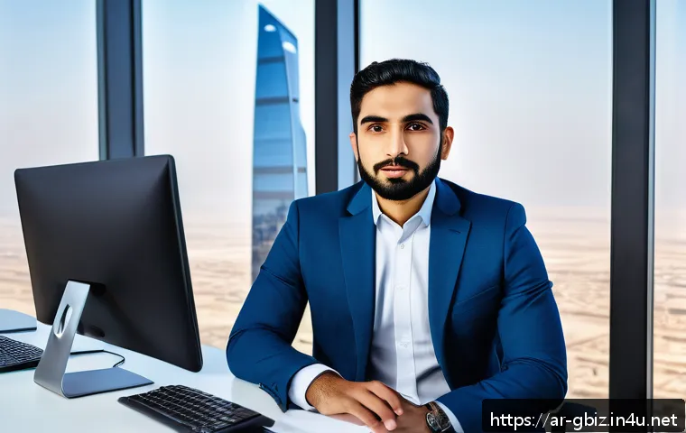 글로벌 비즈니스 자격증 취득 후 실무 대처법 - A professional Middle Eastern man in modern business attire sitting confidently at a sleek office de...